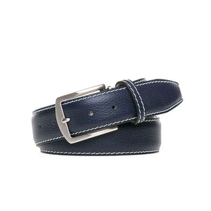 Navy pebble grain belt showing handmade leather craftsmanship