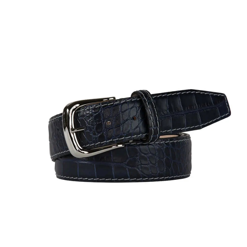 Navy Mock Croc Leather Belt by Roger Ximenez handmade in Miami