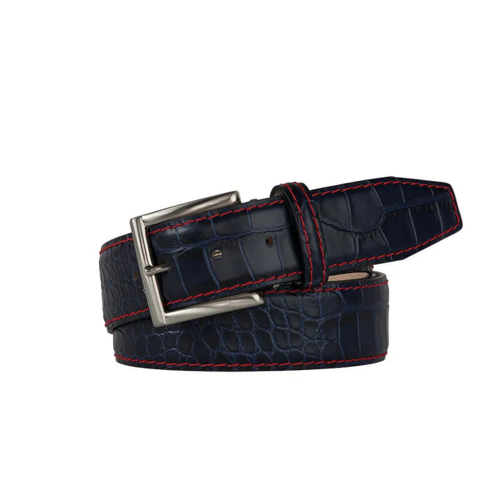 Close up of navy mock croc leather belt texture