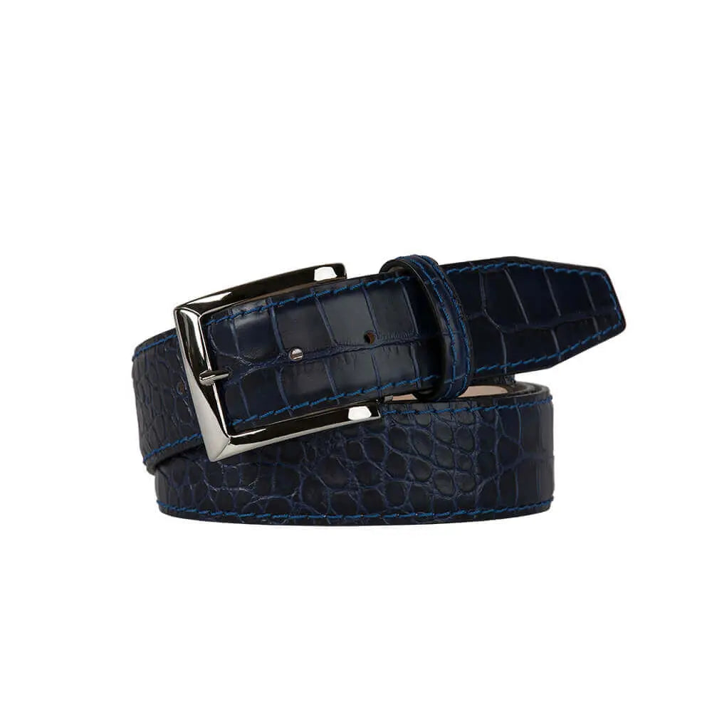 Roger Ximenez navy custom leather belt with bespoke sizing options