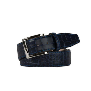Roger Ximenez navy custom leather belt with bespoke sizing options