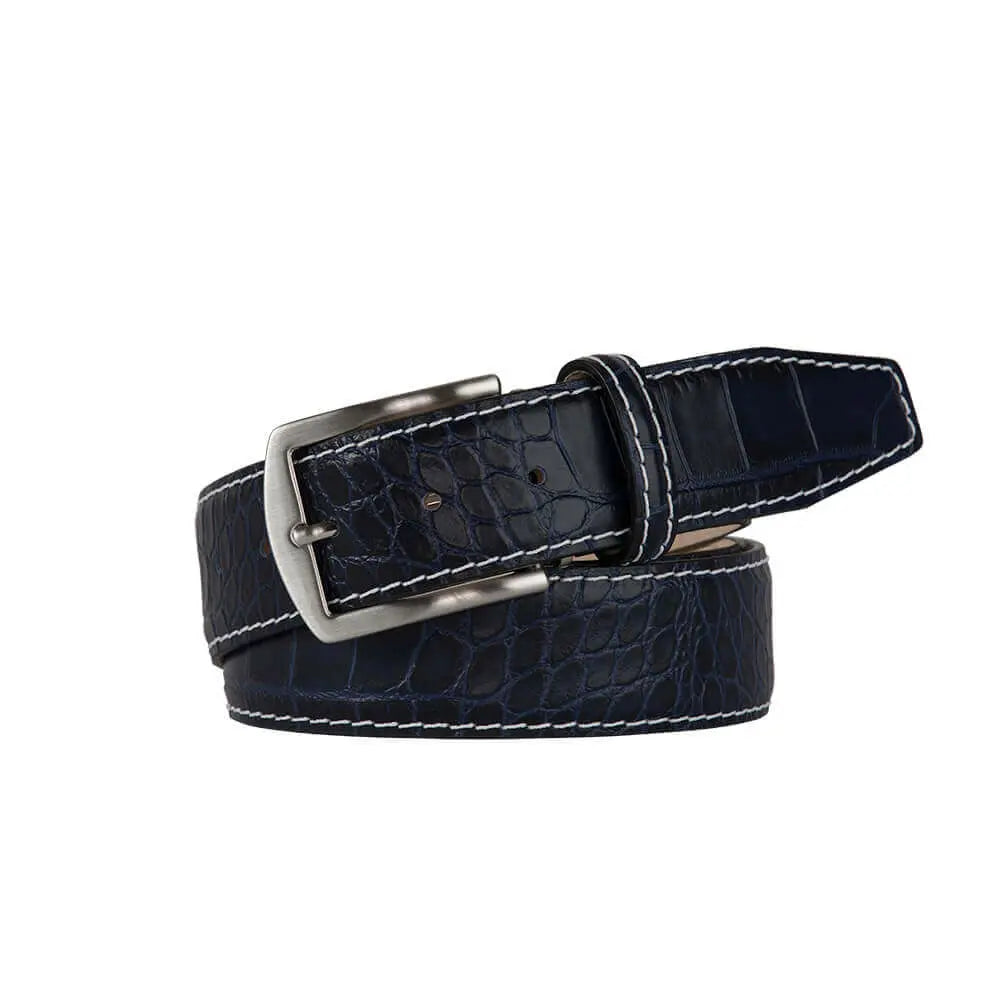 Navy mock croc belt showing handmade leather craftsmanship