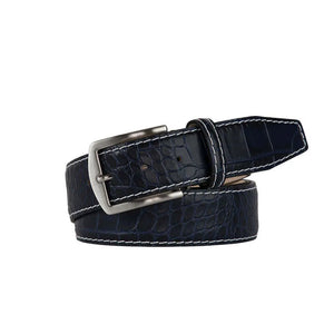 Navy mock croc belt showing handmade leather craftsmanship