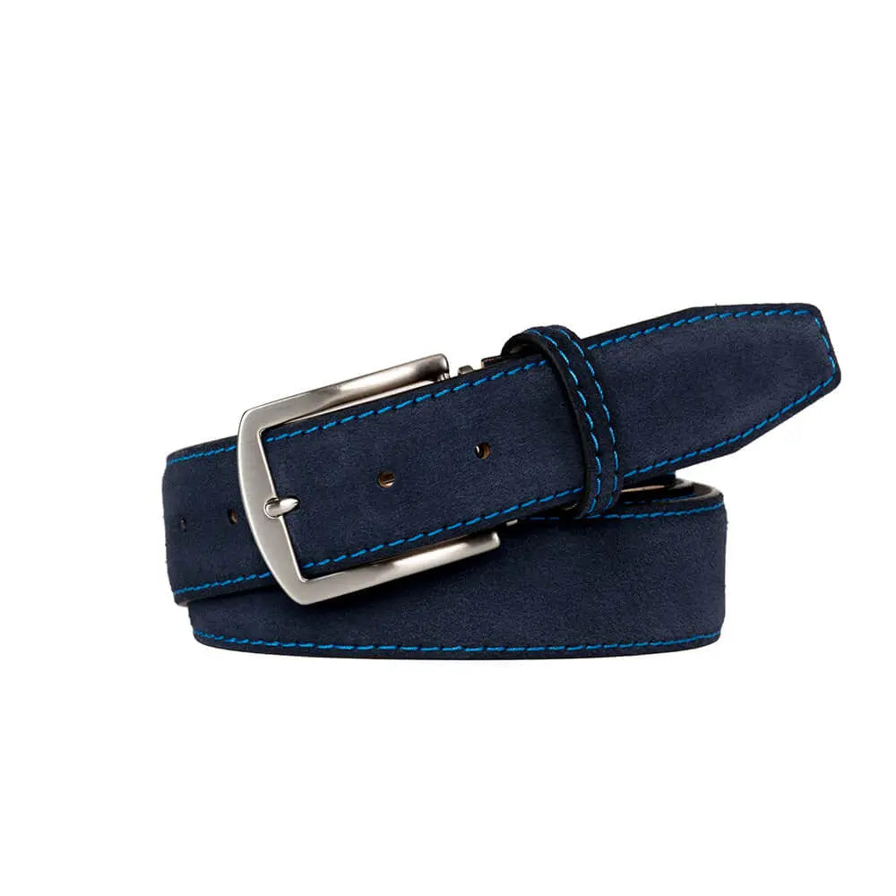 Close up of navy suede leather belt texture and stitching