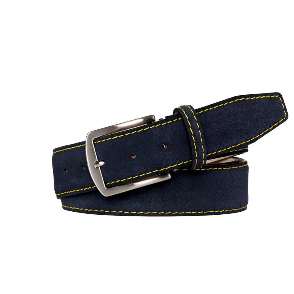 Navy suede belt showing handmade leather craftsmanship
