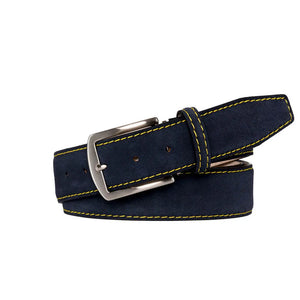Navy suede belt showing handmade leather craftsmanship