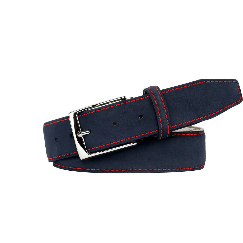 Navy suede leather belt detail with custom stitching options