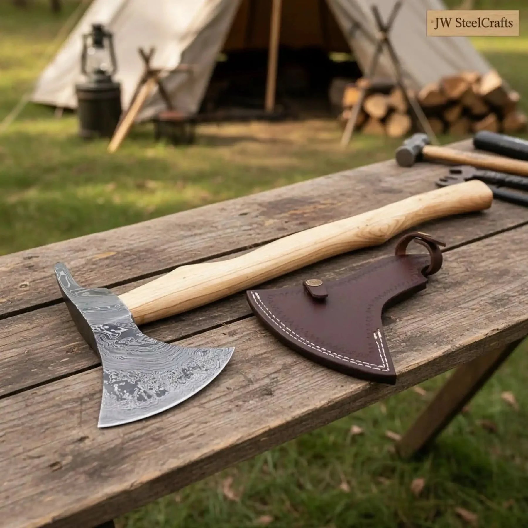 Damascus steel axe head with wood handle on rustic wood surface