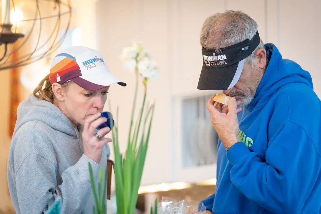 Two people smelling Old Fashioned Men's Shave Soap samples