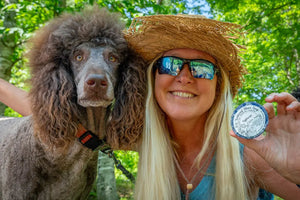 Woman and poodle holding Old Fashioned Men's Shave Soap by Essential Journeys