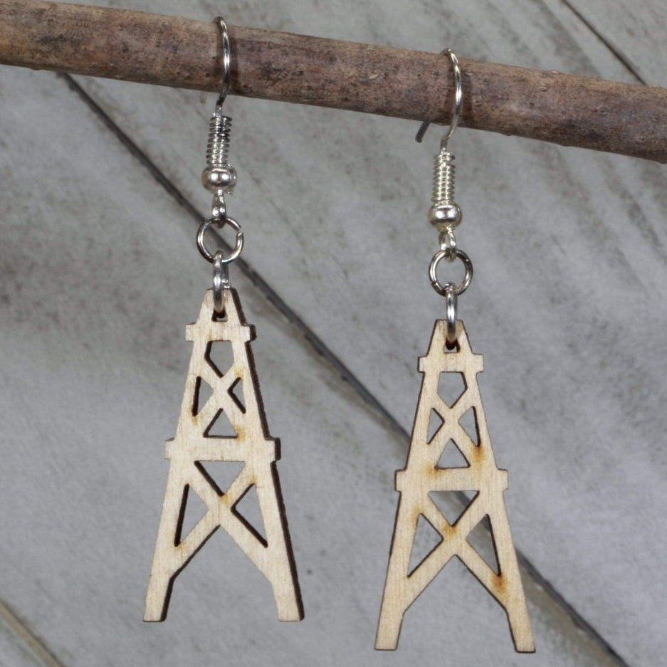 Oil Derrick Wooden Dangle Earrings | Oilfield Industrial Jewelry