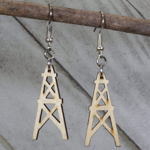 Oil Derrick Wooden Dangle Earrings | Oilfield Industrial Jewelry