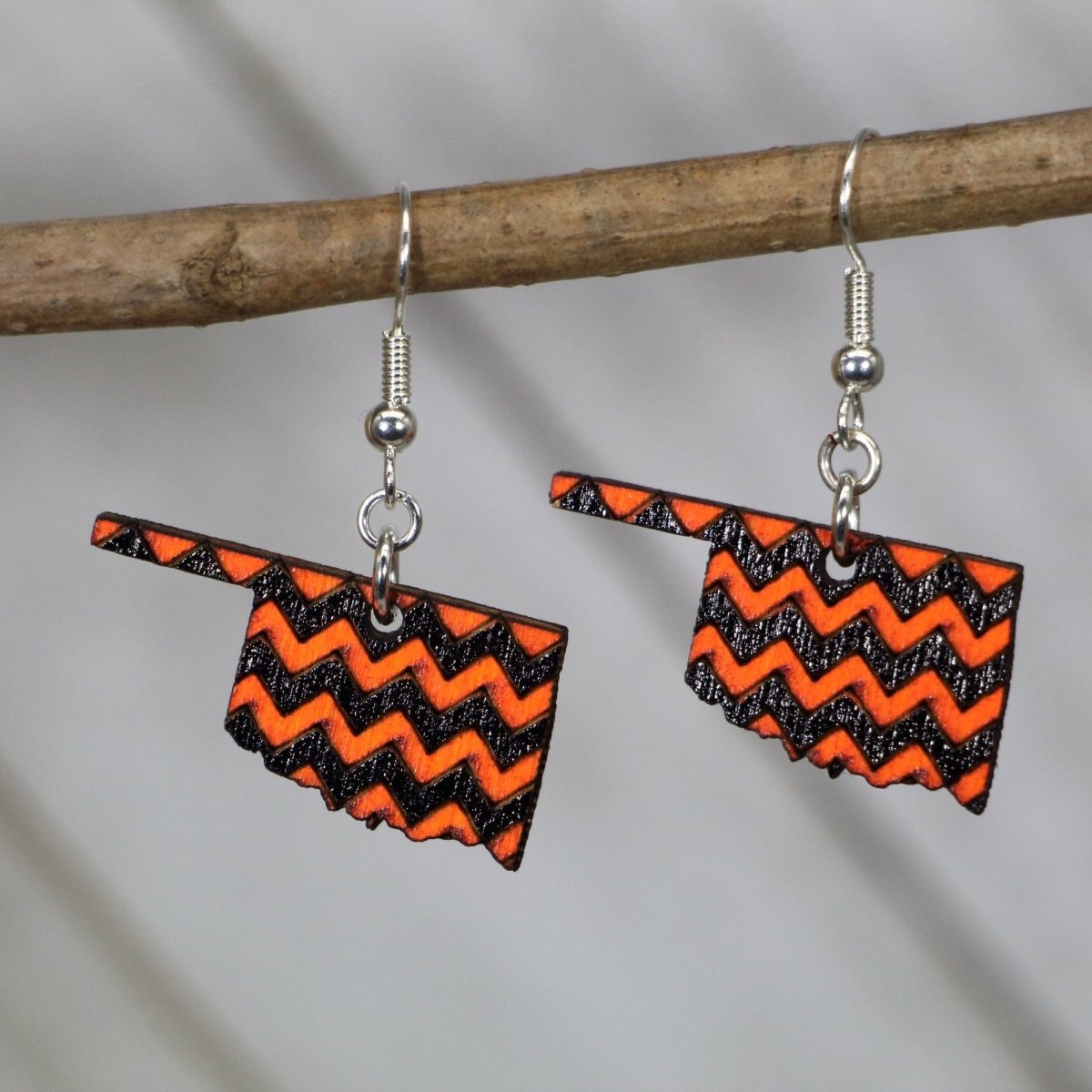Oklahoma Orange Black Chevron Wooden Dangle Earrings | State Jewelry