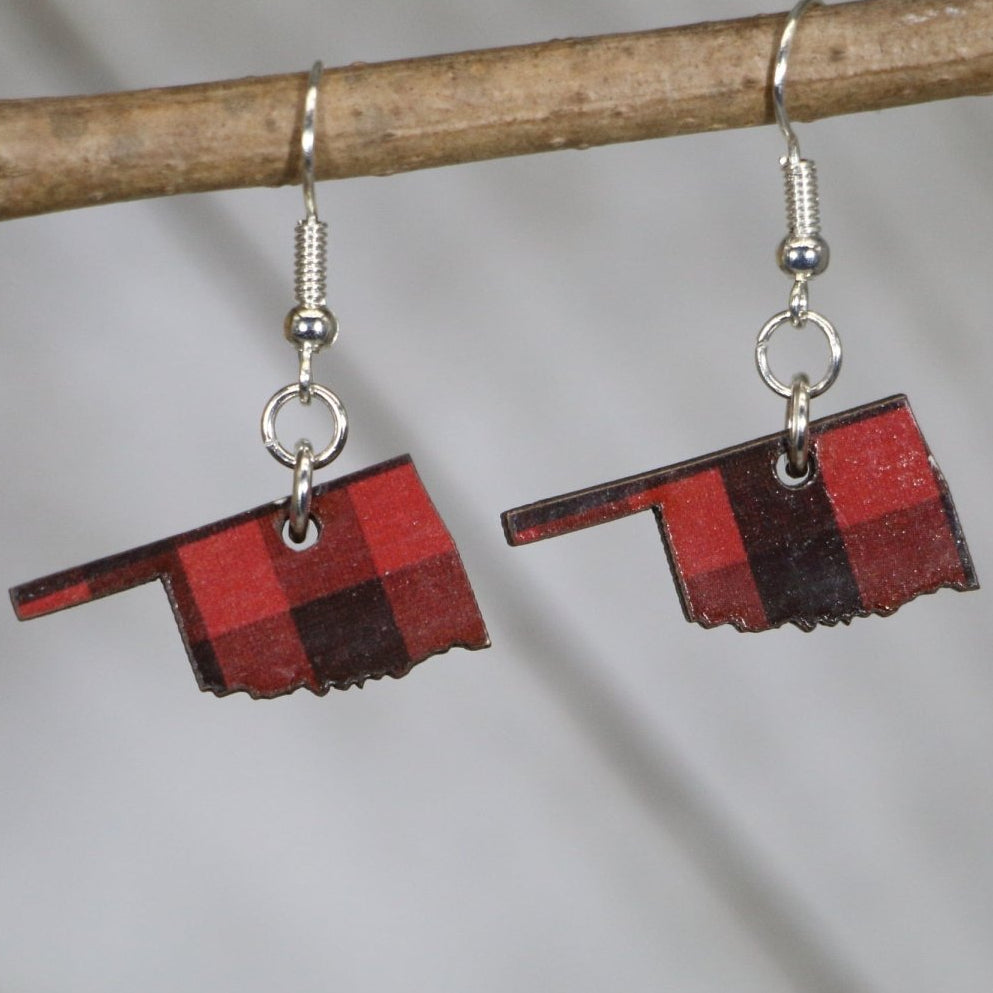 Oklahoma State Buffalo Plaid Wooden Earrings | State Pride Jewelry