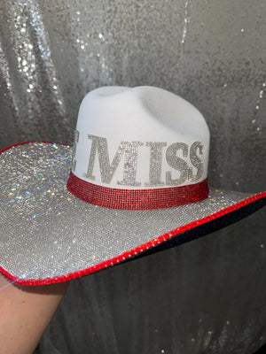 White Ole Miss cowboy hat with sparkling rhinestones and "MISS" letters.