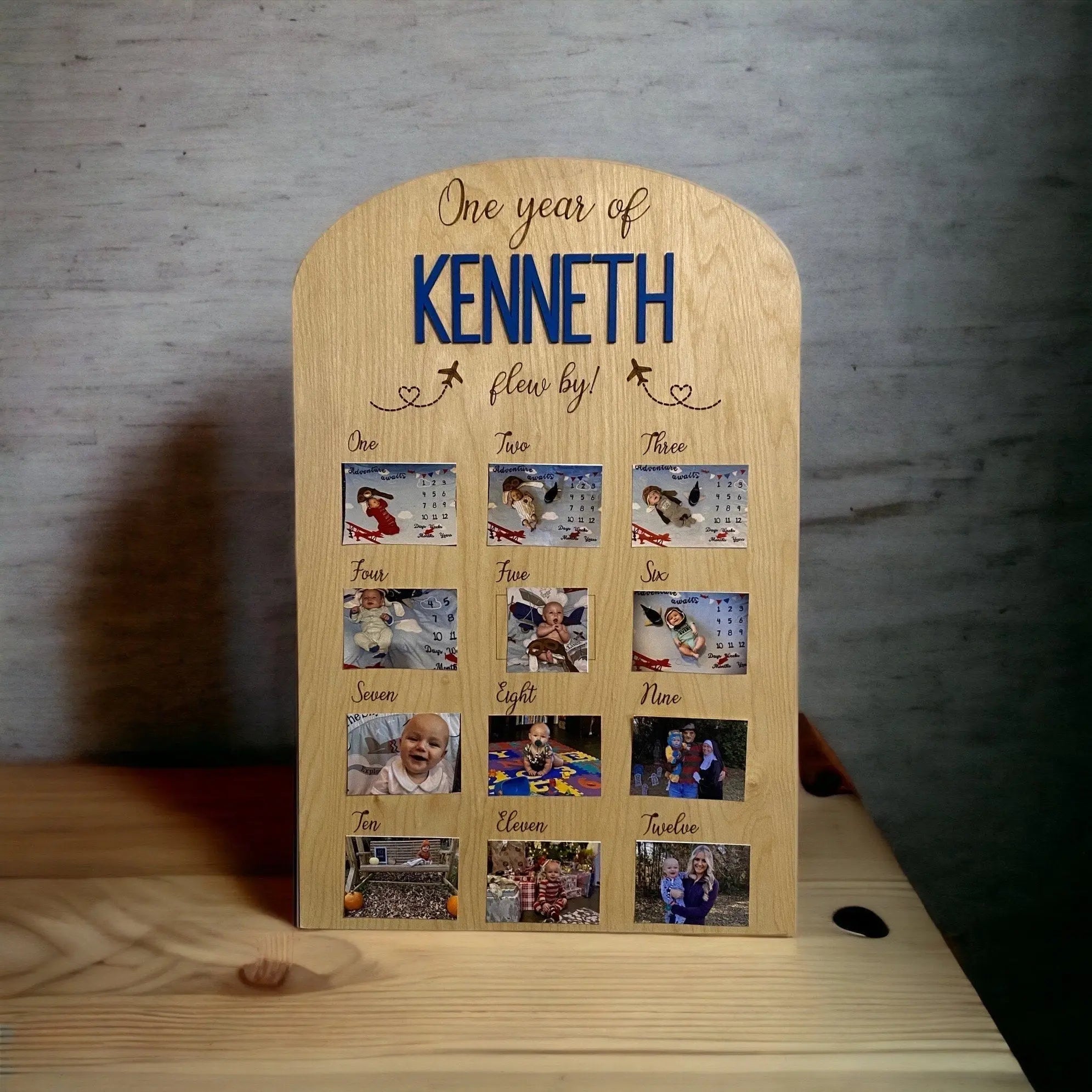 Baby's First Year Photo Board: Kenneth's Milestones, Personalized Birthday Gift, Wooden Airplane Theme, 12 Month Photo Display