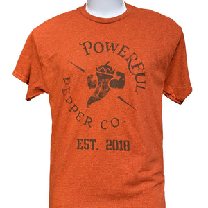 Orange vintage logo t-shirt with a powerful pepper and EST. 2018 text.