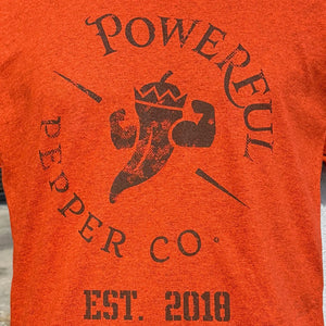 Orange vintage logo t-shirt with Powerful Pepper Co. graphic.