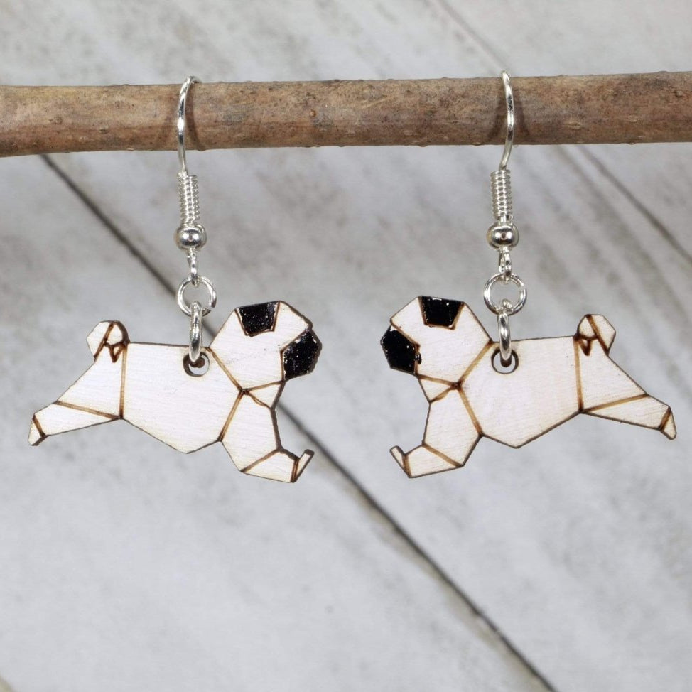 Origami Pug Wooden Dangle Earrings | Dog Lover Jewelry