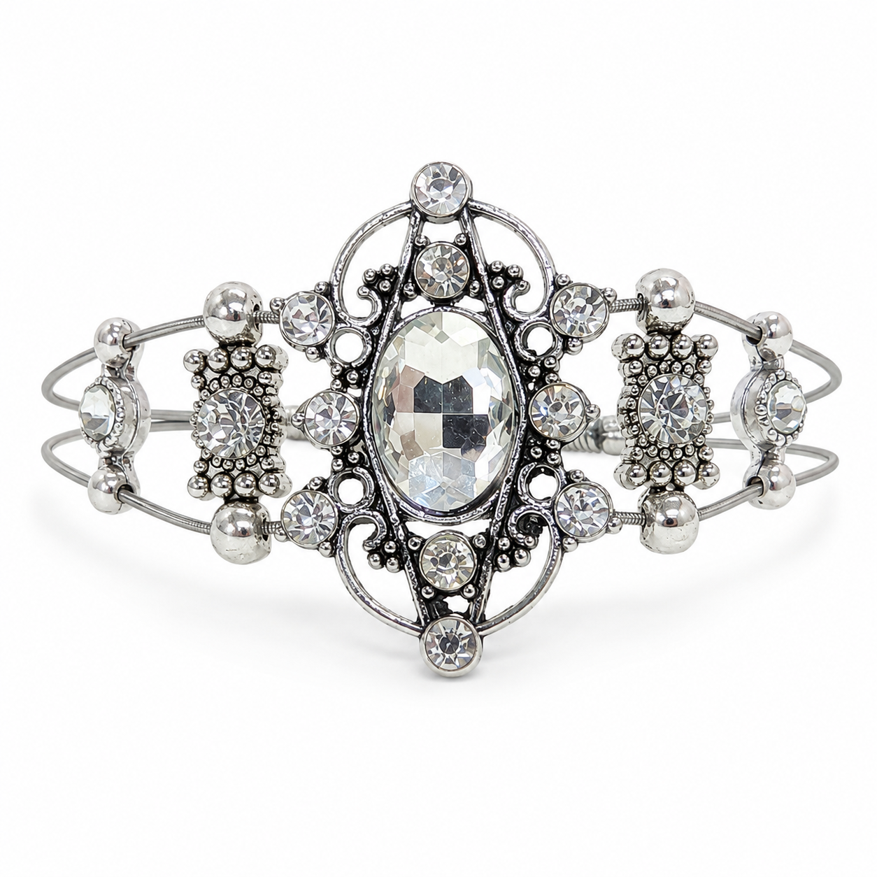 Silver rhinestone slider bracelet on electric guitar