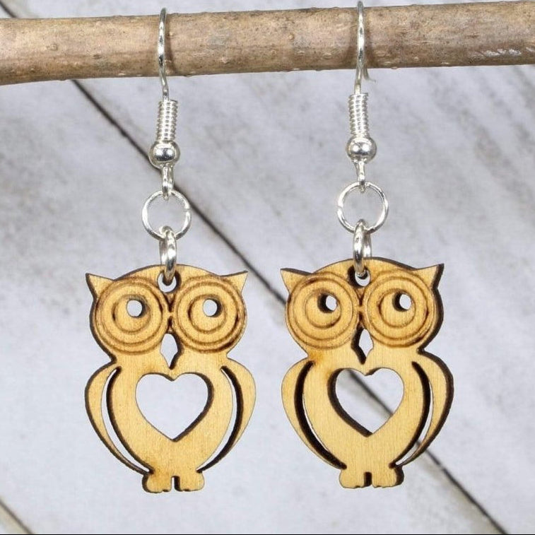 Owl Heart Wooden Dangle Earrings | Cute Animal Love Jewelry