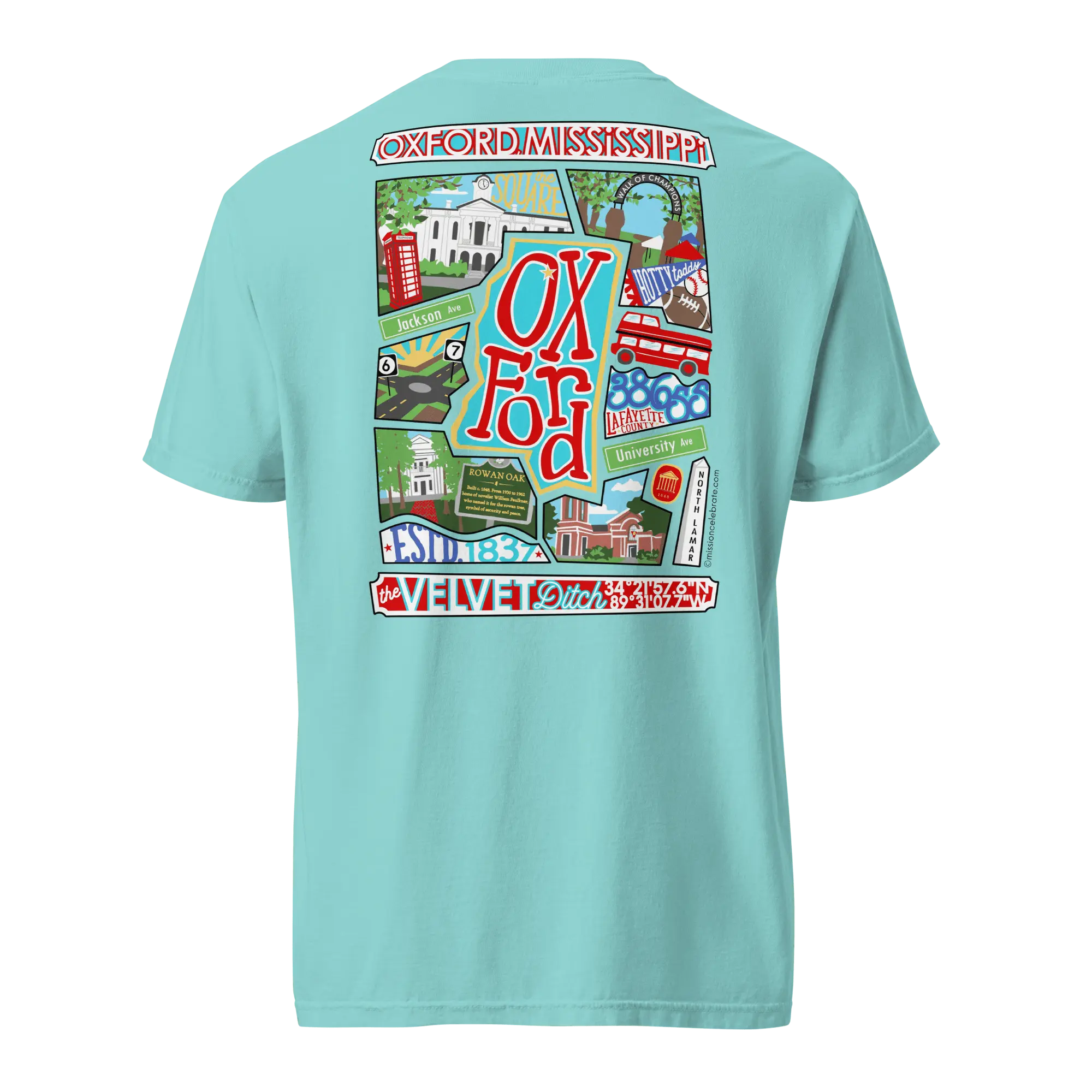 Oxford The Velvet Ditch Collage Art by Mississippi Artist ©LeslieGonce Comfort Colors Short Sleeve Tees (MISSISSIPPI) Mission Celebrate