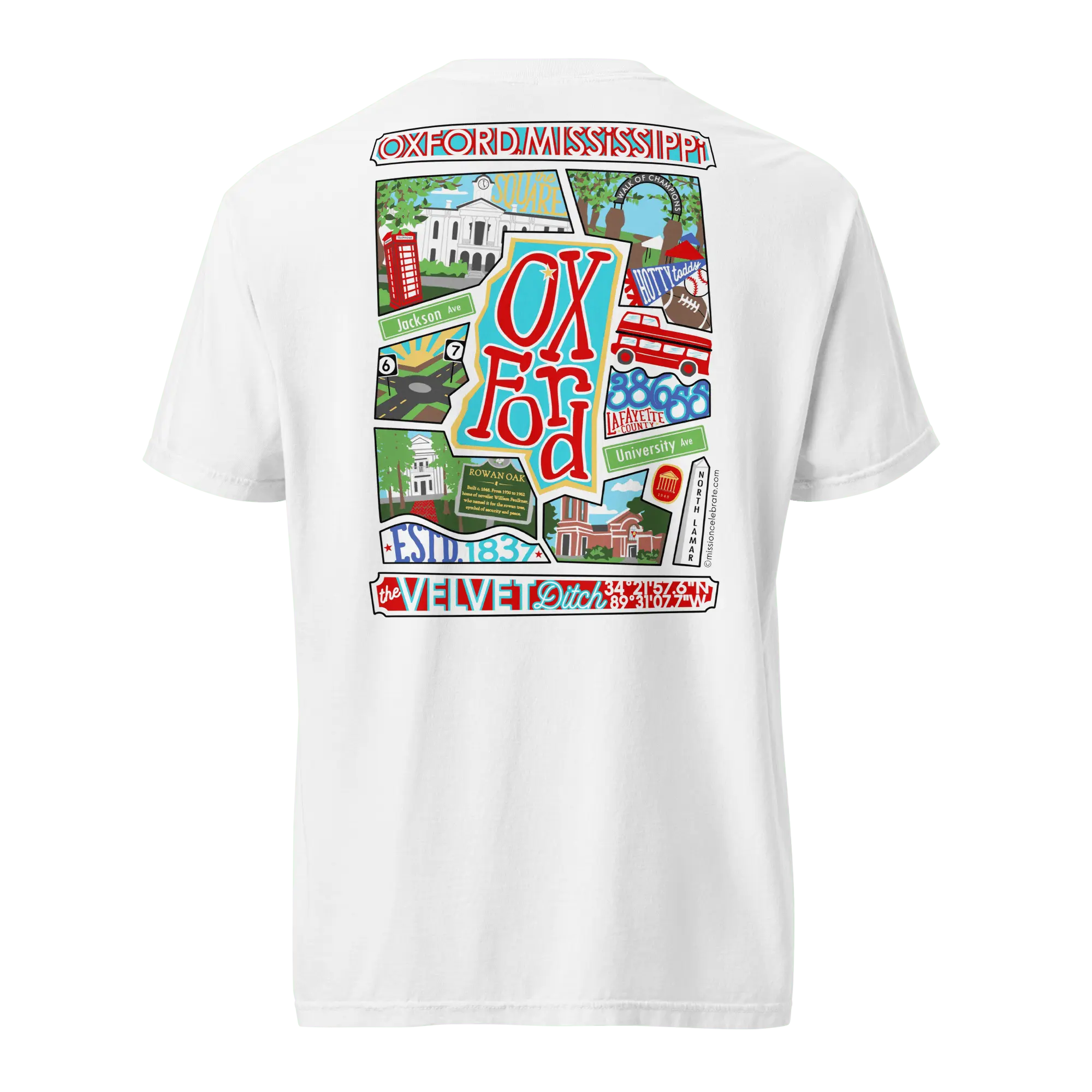 Oxford The Velvet Ditch Collage Art by Mississippi Artist ©LeslieGonce Comfort Colors Short Sleeve Tees (MISSISSIPPI) Mission Celebrate