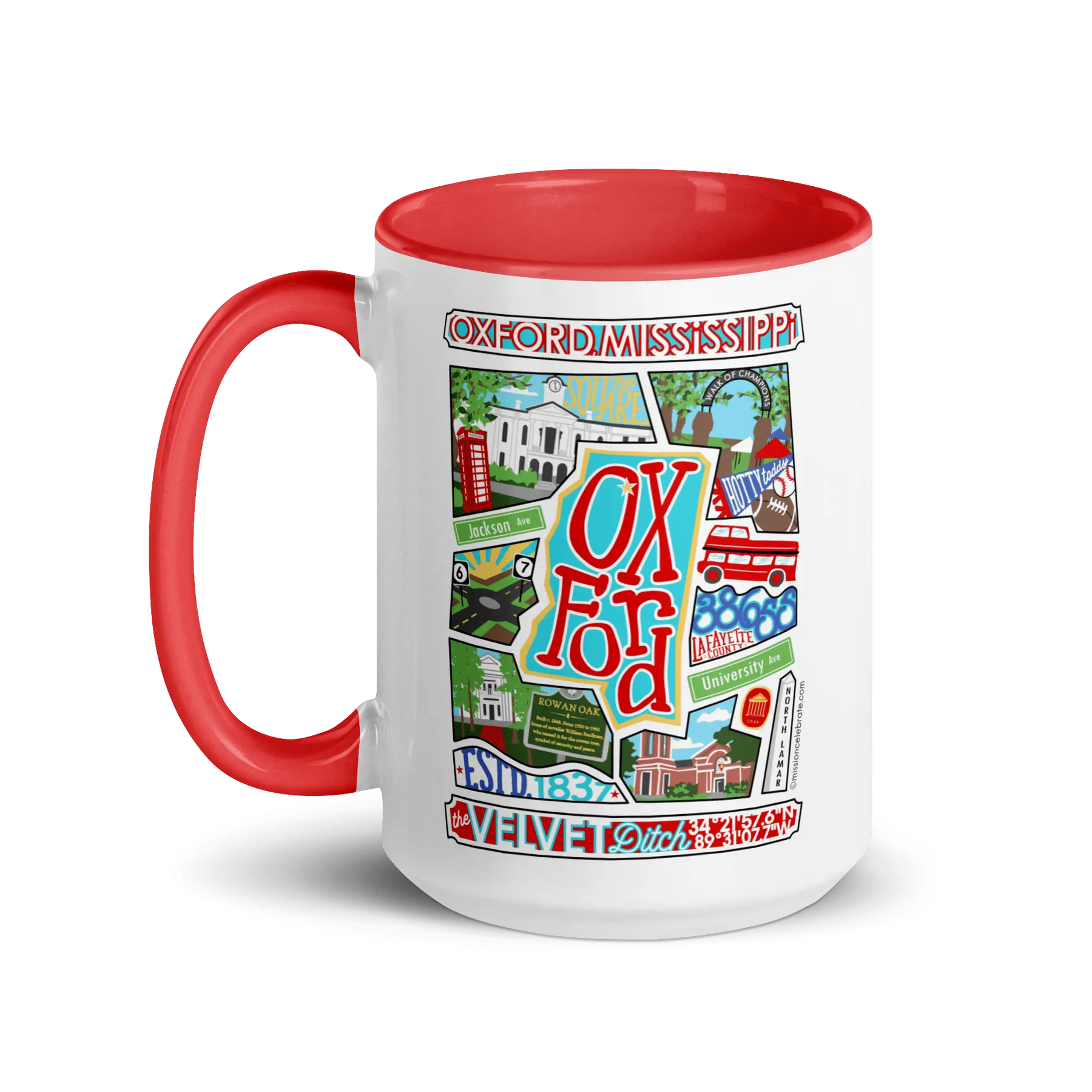 Oxford Mississippi Collage Mug: Velvet Ditch art ceramic mug. Shop Main Street Collective!