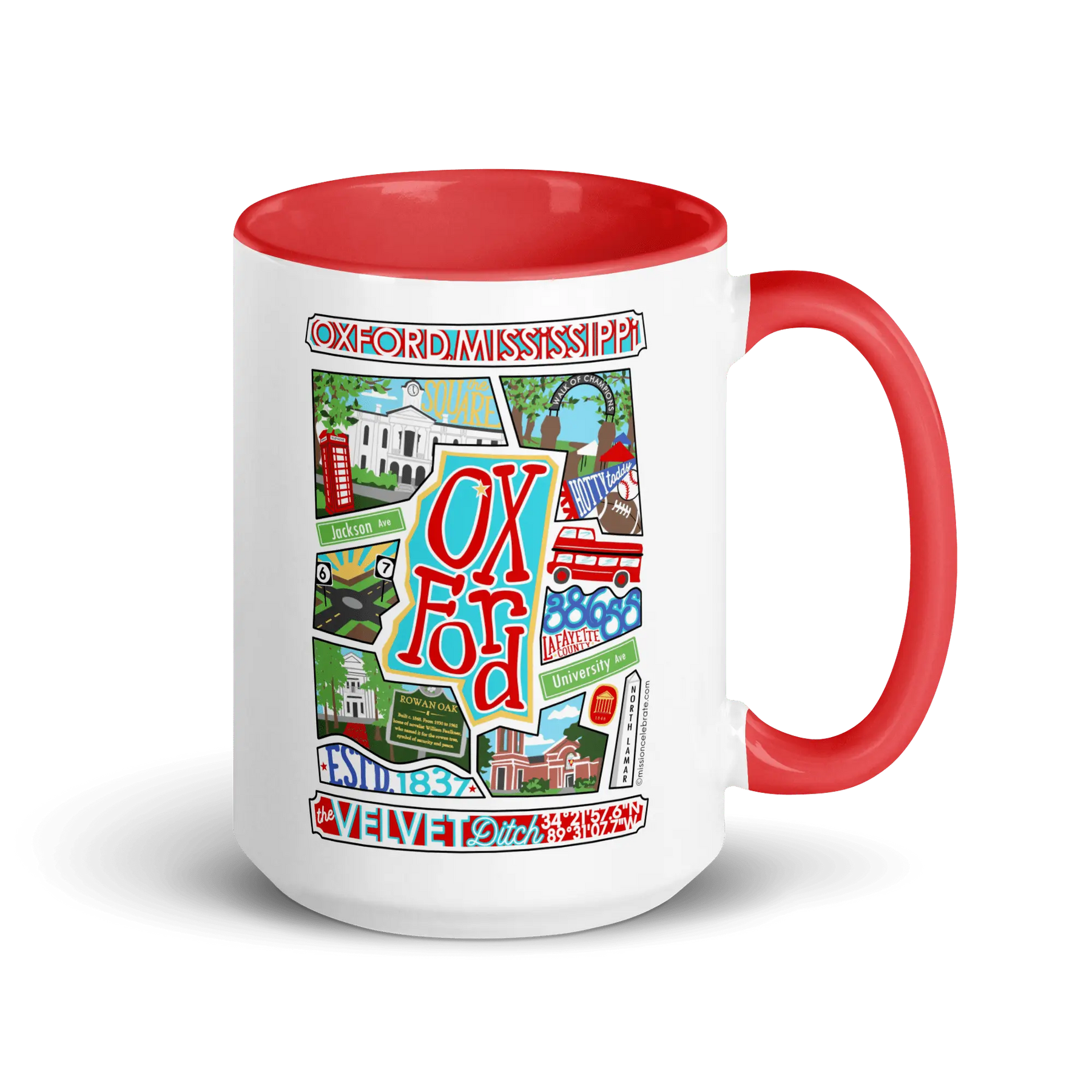 Oxford, Mississippi souvenir mug with cityscape art by Leslie Ponce - show your city pride!
