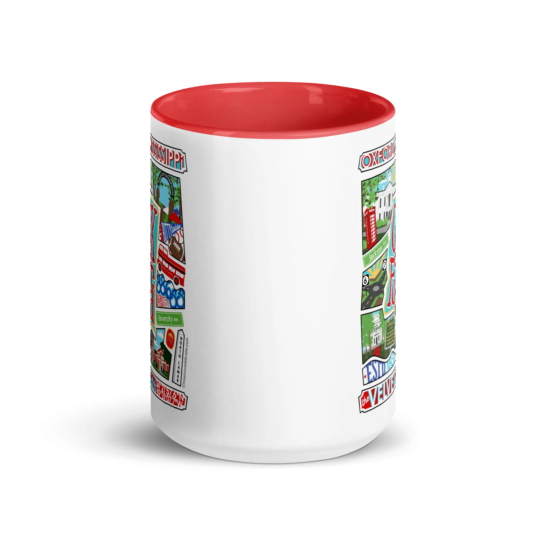 Oxford Mississippi Collage Mug by Leslie Ponce. Ceramic 15oz mug features city landmarks. Red accents. Perfect Oxford souvenir.