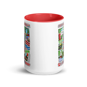 Oxford Mississippi Collage Mug by Leslie Ponce. Ceramic 15oz mug features city landmarks. Red accents. Perfect Oxford souvenir.
