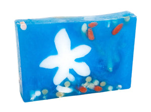 Blue bar of soap with white star and red/white embeds