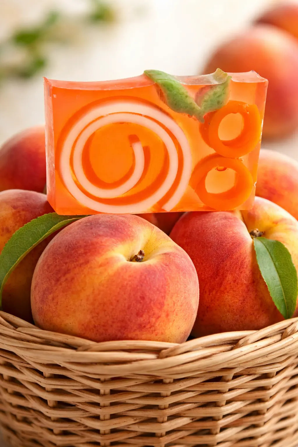 Orange and white swirled peach soap slice with peach slices and leaves in a basket of peaches.