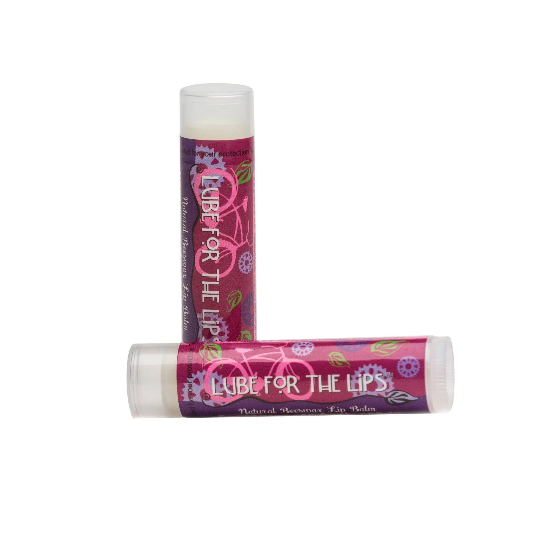 Two tubes of Pomegranate Acai Lube for the Lips natural beeswax lip balm with bicycle graphics.
