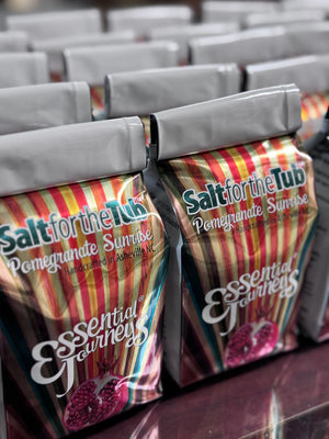 Pomegranate Sunrise bath salts packaging from Essential Journeys.