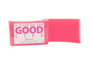 Pink Prosecco soap slice with "A Slice of the Good Life" branding