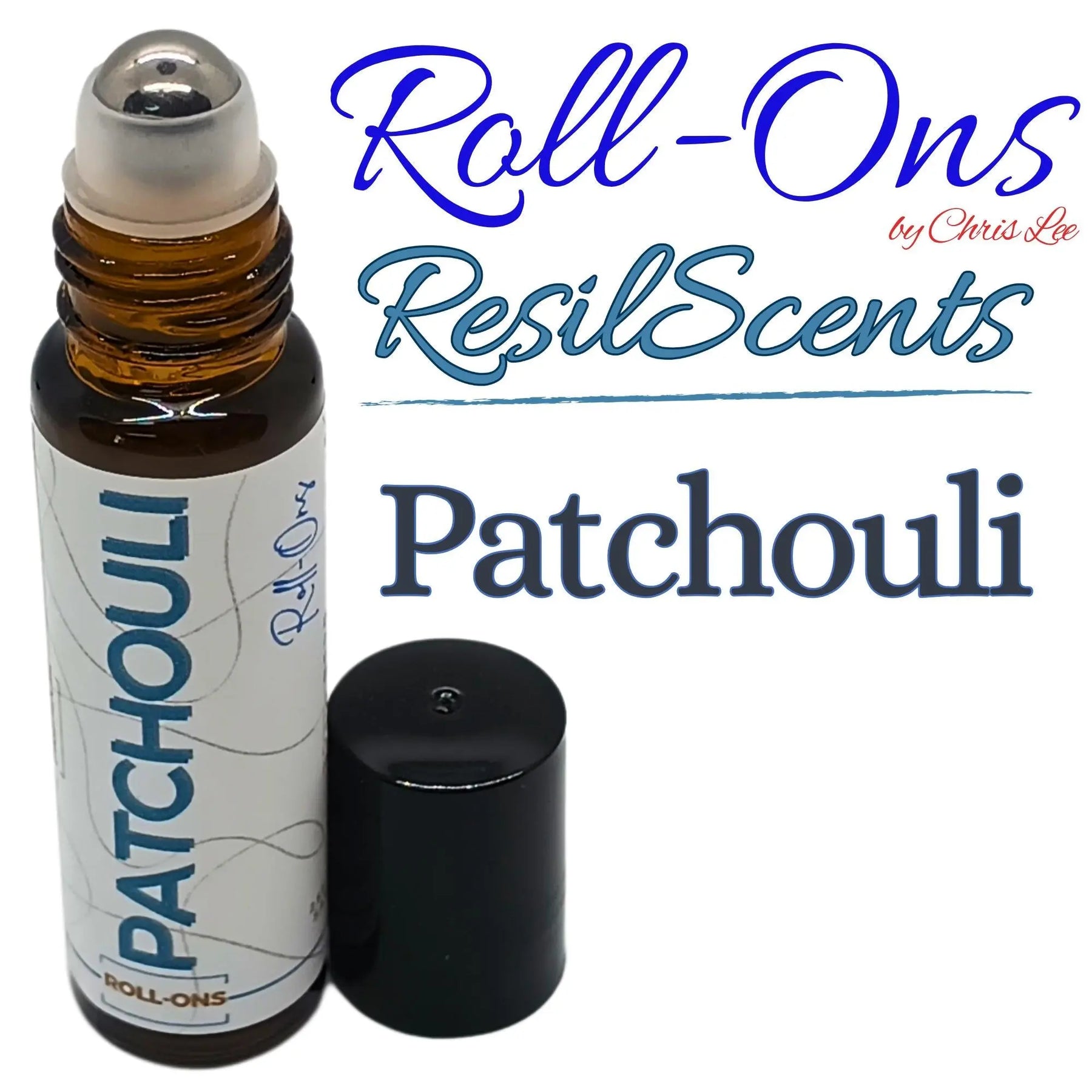 Patchouli roll-on oil by ResilScents, a small brown glass bottle with a white label and black cap, next to the removed cap.