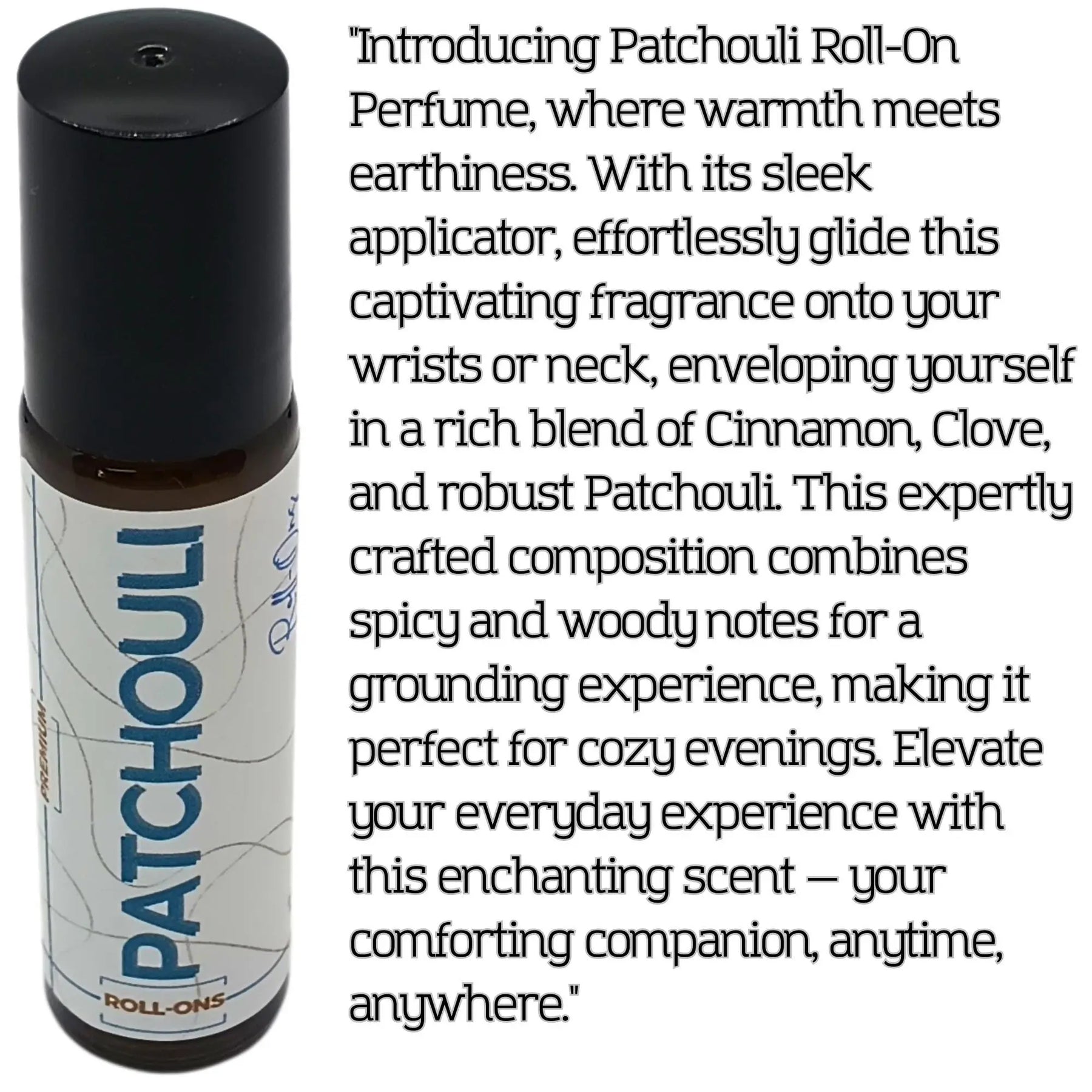 Patchouli roll-on perfume bottle, brown liquid, black cap, and white label with "Patchouli" text.