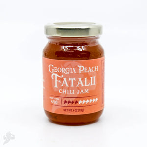 Jar of Georgia Peach Fatalli Chili Jam with heat level indicator and net weight displayed.