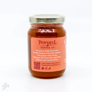 Peach Fatalii Jam from Powerful Pepper Company with Georgia peaches and Fatalii peppers.