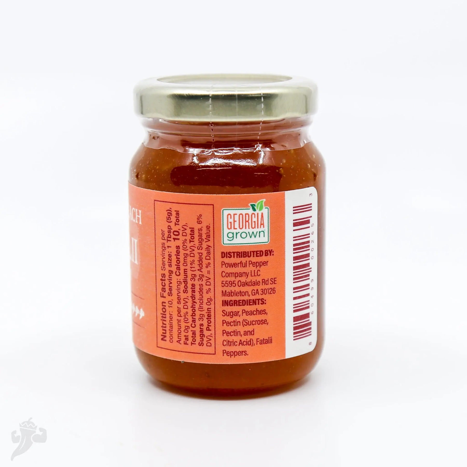 Peach Fatalii Pepper Jam jar with Georgia Grown label and nutrition facts