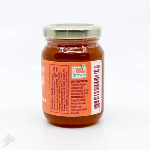 Peach Fatalii Pepper Jam jar with Georgia Grown label and nutrition facts