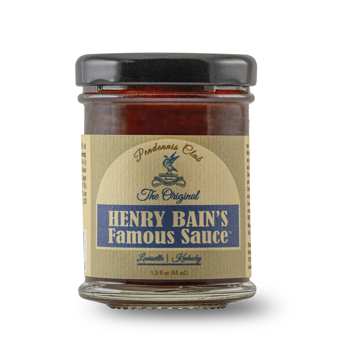Glass jar of Henry Bain's Famous Sauce with a tan label and black lid.