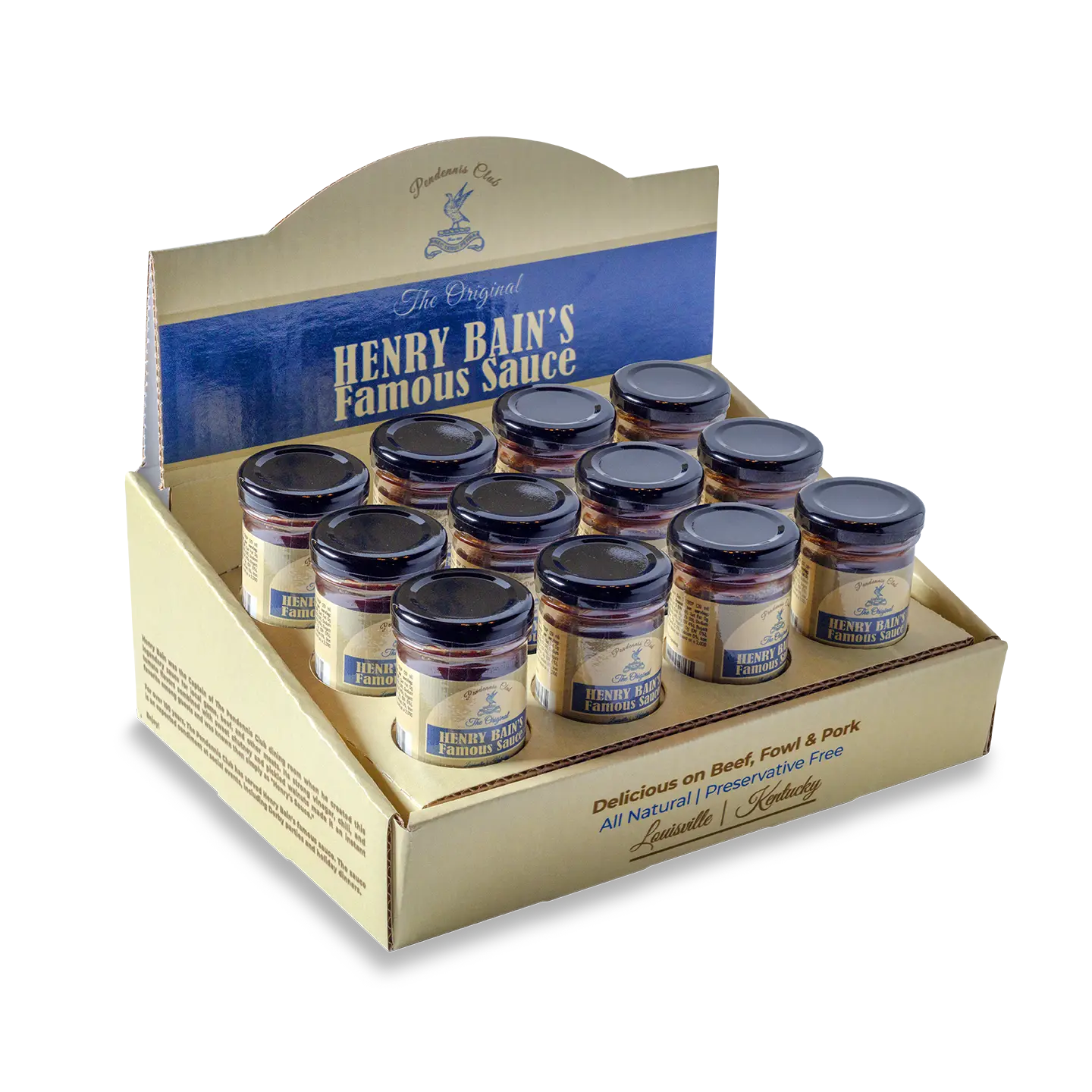 Display box of Henry Bain's Famous Sauce bottles with "Pendennis Club" branding.