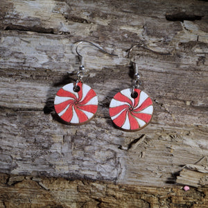 Peppermint Candy Wooden Dangle Earrings | Christmas Holiday Jewelry
