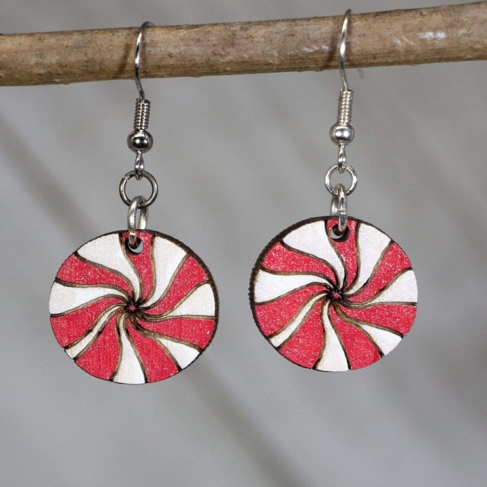 Peppermint Candy Wooden Dangle Earrings | Christmas Holiday Jewelry