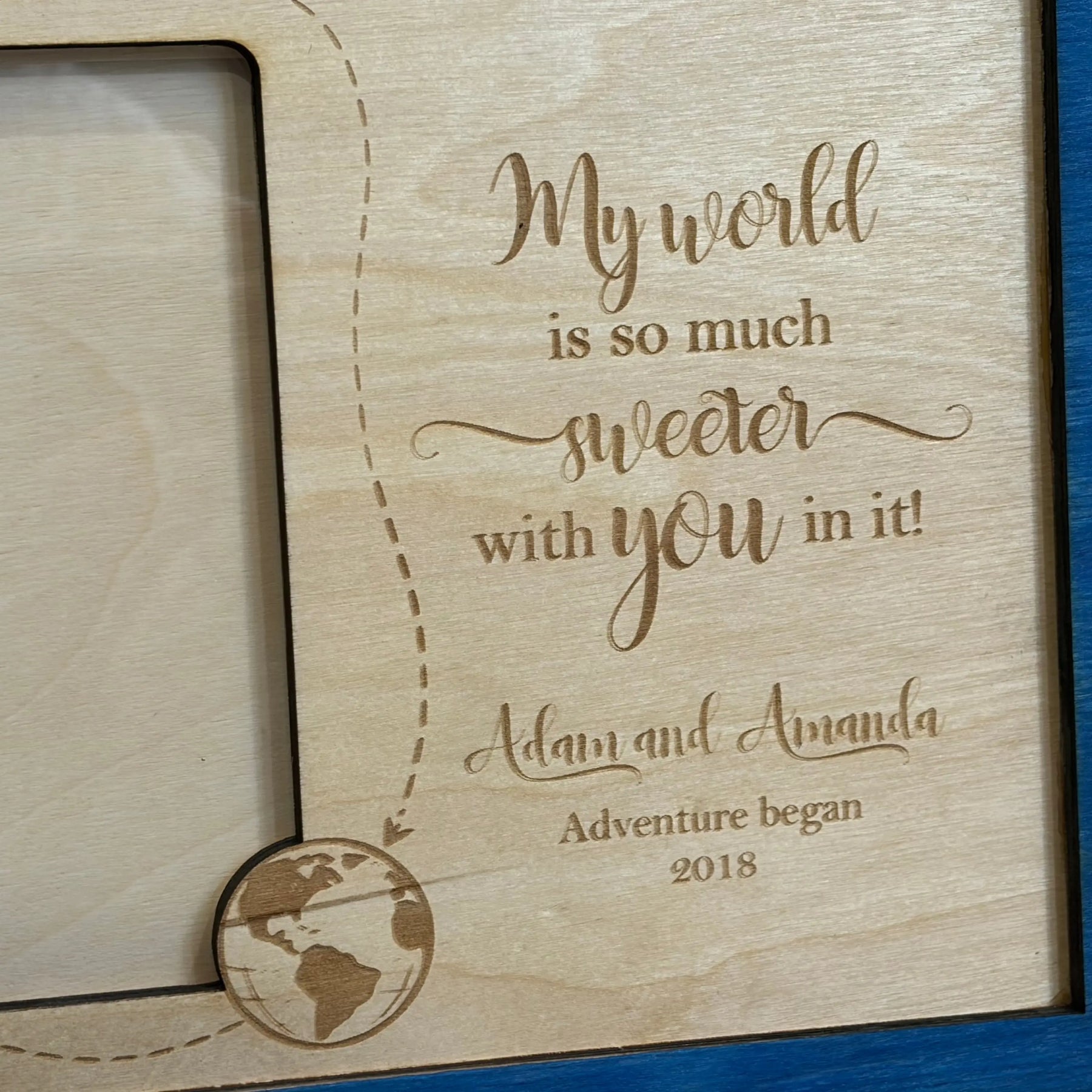 Personalized Couple Photo Frame: My World is Sweeter. Engraved wooden gift for anniversary, Valentine's. Custom names & date.
