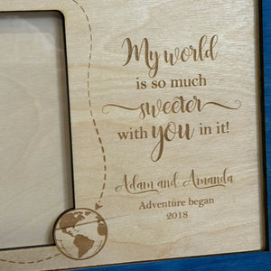Personalized Couple Photo Frame: My World is Sweeter. Engraved wooden gift for anniversary, Valentine's. Custom names & date.