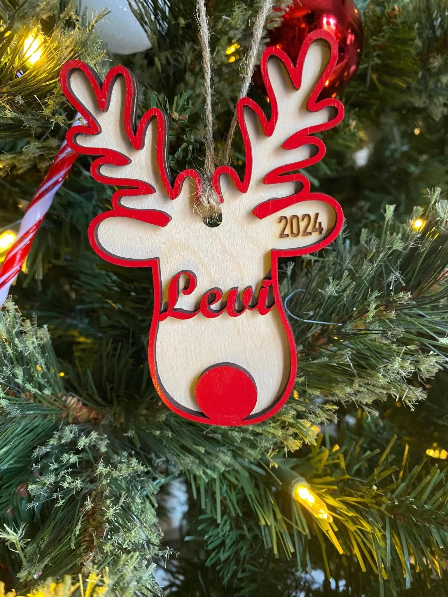 Personalized Reindeer Christmas Ornament - Wooden with Red Accents - Buy Online!