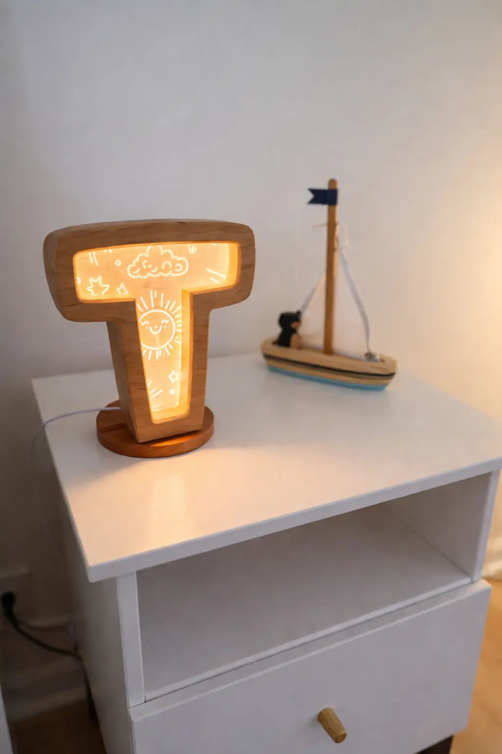 Maple Play personalized wooden night light with child initial design